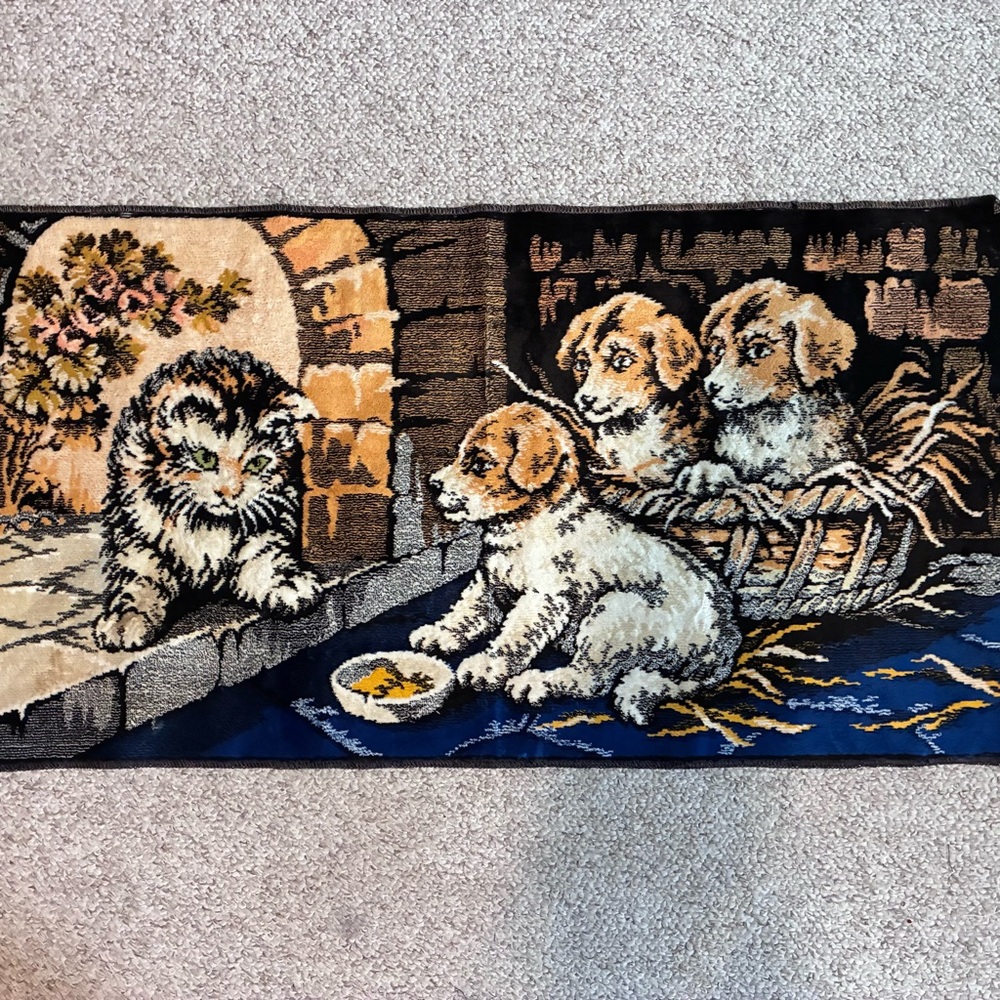 Vintage Tapestry Runner with Kitten and Puppies - Blue, Black, Cream